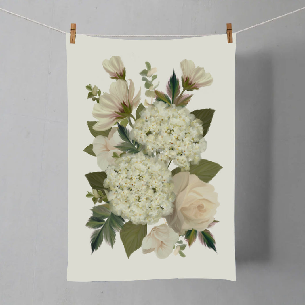 White Hydrangeas Linen Cotton Tea Towel