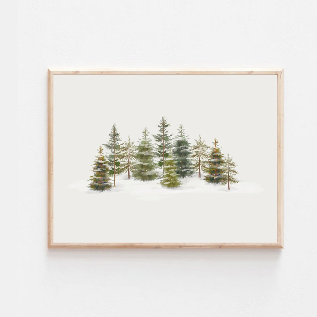 Snowy Pine Tree Line Art Print